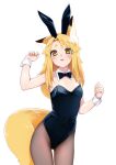  1girl animal_ears ariyoshi_gen asymmetrical_bangs bangs bare_shoulders black_leotard blonde_hair blush bow bowtie breasts brown_pantyhose covered_navel cowboy_shot detached_collar fake_animal_ears fang fox_ears fox_girl fox_tail groin hands_up leotard long_hair looking_at_viewer open_mouth original paid_reward_available pantyhose playboy_bunny rabbit_ears short_eyebrows simple_background skin_fang small_breasts smile solo tail thick_eyebrows white_background wrist_cuffs yellow_eyes yue-chan 