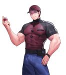  1boy bara belt belt_bag blue_eyes courier_trainer denim feet_out_of_frame hand_on_hip hat iker_(pokemon) jeans jin_(sirius-j) male_focus manly mature_male muscular muscular_male pants pectorals poke_ball pokemon pokemon_(game) pokemon_sv shirt simple_background smile solo thick_arms thick_eyebrows tight white_background 