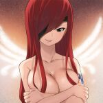  1girl angel_wings blush breasts brown_eyes cleavage covered_nipples covering covering_nipples eden&#039;s_zero elsie_crimson eyepatch gaston18 highres large_breasts long_hair nude red_hair simbl tattoo wings 