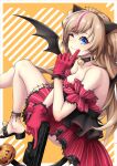  1girl animal_ears arm_up bangs bare_shoulders bell black_choker black_wings blue_eyes blush border breasts cat_ears choker closed_mouth collarbone dress fake_animal_ears finger_to_cheek foot_out_of_frame girls&#039;_frontline gloves gun h&amp;k_mark_23 hair_ornament halloween halloween_costume handgun highres holding holding_gun holding_weapon legs light_brown_hair long_hair looking_at_viewer medium_breasts mk23_(girls&#039;_frontline) mk23_(impish_sweetheart)_(girls&#039;_frontline) multicolored_hair nakiusagi neck_bell official_alternate_costume on_floor one_eye_closed red_dress red_gloves sandals smile solo streaked_hair tiara weapon white_border wings yellow_background 