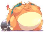  2018 ambiguous_gender annoyed ball_and_chain belly big_belly bodily_fluids bound charizard chubby_cheeks claws cosith cuff_(restraint) cute_fangs double_chin feral fire flaming_tail generation_1_pokemon glistening hi_res horn huge_thighs hyper hyper_belly immobile inflation looking_at_viewer membrane_(anatomy) membranous_wings morbidly_obese nintendo obese orange_body overweight pokemon pokemon_(species) restraints round_body simple_background sitting solo sweat sweatdrop tan_body thick_arms thick_tail thick_thighs video_games wings 