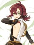  1boy armor brown_hair genshin_impact green_eyes japanese_armor japanese_clothes kote kurokote low_ponytail male_focus mole mole_under_eye multicolored_hair open_mouth red_hair shikanoin_heizou shirataki_nako streaked_hair 