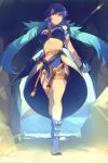  1girl blue_hair breasts echo_(circa) full_body gloves judith_(tales) long_hair looking_at_viewer midriff pointy_ears polearm red_eyes solo spear tales_of_(series) tales_of_vesperia weapon 