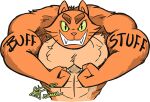  2022 abs alpha_channel anthro crowneprince digital_media_(artwork) domestic_cat english_text eyebrows felid feline felis flexing fur green_sclera grin high_guardian_spice male mammal muscular muscular_anthro muscular_male neppy_cat orange_body orange_fur pink_nose pupils signature simple_background slit_pupils smile solo tattoo text transparent_background 