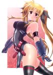  1girl absurdres arm_strap bangs belt black_thighhighs blonde_hair breasts fate_testarossa from_side gauntlets hair_ribbon highres large_breasts long_hair looking_at_viewer lyrical_nanoha mahou_shoujo_lyrical_nanoha_strikers red_eyes ribbon solo tennouji_masamichi thighhighs twintails 