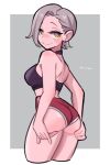  1girl amazu_(kurozu) ass_grab bare_arms bare_shoulders breasts closed_mouth commentary cropped_legs dolphin_shorts ear_piercing earrings english_commentary from_behind grey_background grey_hair highres jewelry looking_at_viewer looking_back medium_breasts original piercing red_shorts short_shorts shorts simple_background smile solo two-tone_background white_background yellow_eyes 