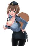  1girl animal_ears ayunda_risu black_bra black_headwear black_pantyhose black_skirt blue_shirt blush bra breasts brown_hair clothes_lift cuffs green_eyes handcuffs highres hololive hololive_indonesia lifted_by_self long_sleeves looking_at_viewer medium_breasts nipples nonstop_nut_november one_breast_out open_mouth pantyhose police police_uniform policewoman shirt shirt_lift short_hair skirt solo squirrel_ears squirrel_girl squirrel_tail tail underwear uniform virtual_youtuber white_background yuyu5x 