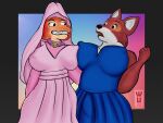  4:3 4_fingers alternate_costume anthro big_breasts blue_clothing blue_dress breast_squish breasts brown_body brown_fur canid canine clothing clothing_swap diane_foxington disney dreamworks dress eye_contact female female/female fingers fox fur hi_res jewelry looking_at_another maid_marian mammal necklace nipple_outline orange_body orange_fur pattern_background pink_clothing pink_dress robin_hood_(disney) simple_background smile squish surprised_expression the_bad_guys veil wu_capy 
