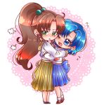  :t bangs bishoujo_senshi_sailor_moon blue_eyes blue_hair blue_sailor_collar blue_skirt blush bow bowtie brown_footwear brown_hair chibi earrings flats flower_earrings green_eyes green_sailor_collar green_skirt hair_bobbles hair_ornament highres hug jewelry juuban_middle_school_uniform kino_makoto kino_makoto&#039;s_school_uniform long_skirt long_sleeves medium_hair medium_skirt mizuno_ami one_eye_closed pleated_skirt ponytail red_bow red_bowtie sailor_collar school_uniform serafuku shirt short_hair sidelocks skirt socks supernova24_24 swept_bangs v-shaped_eyebrows white_shirt white_socks 