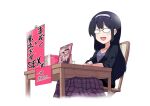  1girl :d bangs black_hair black_shirt breasts censored chiyoda_momo commentary_request feet_out_of_frame fuka_(kantoku) glasses grey_hairband hairband highres identity_censor long_hair machikado_mazoku manga_(object) ogura_shion opaque_glasses open_mouth plaid plaid_skirt purple_skirt shirt simple_background sitting skirt small_breasts smile solo translation_request white_background yoshida_yuuko_(machikado_mazoku) 