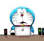  2019 anthro apple_inc. apple_macintosh bell beverage blue_body blue_fur can collar computer computer_mouse container domestic_cat doraemon doraemon_(character) energy_drink eyebrows felid feline felis front_view fur furniture laptop macbook machine male mammal monster_energy mt_tg open_mouth red_collar red_nose robot shaded simple_background solo table whiskers white_background white_body white_fur 