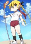  1girl bangs black_socks blonde_hair blue_eyes blue_sky blush buruma clenched_hand closed_mouth cloud commentary_request frown fuka_(kantoku) full_body gym_uniform hair_between_eyes highres kill_me_baby long_hair looking_at_viewer red_buruma shirt shoes short_sleeves sky sneakers socks solo sonya_(kill_me_baby) standing twintails white_footwear white_shirt 