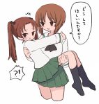  !? 2girls bangs blush bow brown_eyes brown_hair carrying girls_und_panzer hair_bow kadotani_anzu long_hair long_sleeves looking_at_another looking_away looking_to_the_side multiple_girls neckerchief nishizumi_miho no_shoes open_mouth parted_bangs pleated_skirt princess_carry ri_(qrcode) school_uniform serafuku short_hair skirt smile socks spoken_interrobang sweat translation_request twintails 