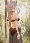  1girl animal_ear_fluff animal_ears back bangs closed_mouth cowboy_shot crop_top day feiqizi_(fkey) fkey forest from_behind grey_hair grey_skirt highres long_hair looking_at_viewer looking_back nature original outdoors pink_eyes skirt solo standing tree 