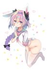  1boy animal_ears ass astolfo_(fate) bad_id bad_twitter_id between_legs black_bow blue_hair blush bottomless bow chestnut_mouth commentary ear_down fake_tail fate_(series) full_body furrowed_brow hair_bow hair_intakes hand_between_legs hand_on_own_chest heart long_braid long_hair looking_at_viewer male_focus multicolored_hair neckerchief open_mouth otoko_no_ko pink_hair pink_neckerchief pink_sailor_collar purple_eyes rabbit_ears rabbit_tail sailor_collar saisou_(2ndere) skindentation sleeves_rolled_up solo streaked_hair tail thighhighs twitter_username white_background white_thighhighs 