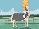  4:3 blonde_hair centaur clothed clothing equid equid_taur female fence hair hooves humanoid_taur long_hair maid_uniform mammal mammal_taur meow25meow solo split_form taur uniform 