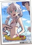  1other 2020 2girls absurdres artist_name bangs beach bikini blue_eyes blue_sky closed_eyes closed_mouth cloud cloudy_sky dated fei_lio_mao food frilled_bikini frills highres holding holding_food honkai_(series) honkai_impact_3rd ice_cream innertube long_hair looking_at_viewer multiple_girls nail open_mouth outdoors purple_hair raiden_mei side_ponytail sky smile swimsuit theresa_apocalypse wading water white_bikini white_hair 