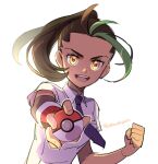  1girl :d brown_hair clenched_hand collared_shirt eyelashes gloves green_hair holding holding_poke_ball momoji_(lobolobo2010) multicolored_hair necktie nemona_(pokemon) open_mouth poke_ball poke_ball_(basic) pokemon pokemon_(game) pokemon_sv ponytail shirt short_sleeves simple_background single_glove smile solo streaked_hair teeth tongue twitter_username upper_body upper_teeth watermark white_background yellow_eyes 