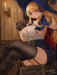  1girl absurdres arm_up belt black_garter_straps black_gloves black_thighhighs blonde_hair blue_belt blue_cape blue_eyes blue_headwear blue_shorts boots bracelet breasts buckle buttons candle candlestand cape closed_mouth commission crate cross crossed_legs cup feet_out_of_frame garter_straps gloves gompang_11 hat hat_ornament high-waist_shorts highres holding holding_cup indoors jewelry large_breasts looking_at_viewer original partially_fingerless_gloves shirt shorts single_glove sitting sleeveless sleeveless_shirt solo thigh_boots thighhighs thighs twitter_username white_shirt witch_hat wooden_wall 