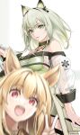  2girls animal_ear_fluff animal_ears arknights bangs bare_shoulders blurry breasts brown_hair cat_ears ceobe_(arknights) choker dog_ears dog_girl dress fang green_dress green_eyes green_hair hair_between_eyes highres holding holding_stylus holding_tablet_pc jacket kal&#039;tsit_(arknights) long_hair looking_at_viewer medium_breasts multiple_girls off_shoulder open_clothes open_jacket open_mouth photobomb red_eyes see-through see-through_sleeves sideboob signature simple_background smile star_of_life stylus tablet_pc twitter_username v white_background white_jacket yokaze_(yokajie) 