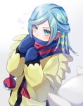  1boy androgynous aqua_eyes aqua_hair bishounen blue_mittens blurry blush commentary_request eyelashes grusha_(pokemon) hands_up highres jacket long_hair long_sleeves male_focus otoko_no_ko pokemon pokemon_(game) pokemon_sv rukito scarf striped striped_scarf yellow_jacket 