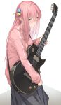  1girl blue_eyes bocchi_the_rock! gotou_hitori guitar hair_between_eyes hair_cubes hair_ornament highres holding holding_instrument instrument jacket long_hair long_sleeves open_mouth pallad pink_hair pink_jacket simple_background white_background 