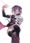  1girl absurdres black_choker black_thighhighs chainsaw_man choker green_eyes highres hiro_(hirohiro_gorira) looking_at_viewer open_mouth panties purple_hair reze_(chainsaw_man) shirt simple_background smile thighhighs torn_clothes underwear white_background white_panties white_shirt 