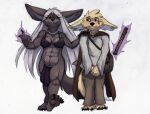  anthro bard bottomwear bra canid canine cape clothing duo esther_(umpherio) female fennec flute fox gem hair hi_res jewelry loincloth long_hair magic_user male male/female mammal musical_instrument necklace pawpads paws pearl_(gem) pearl_necklace red_eyes umpherio underwear white_hair wind_instrument woodwind_instrument 