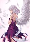  1girl arm_tattoo braid dress english_commentary falling_feathers feathered_wings french_braid highres himuhino kishin_sagume looking_back purple_dress red_eyes scar short_hair single_wing solo tattoo touhou wings 
