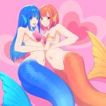  2girls absurdres bangs blue_eyes blue_hair breasts cleavage collarbone commentary gradient_hair grin head_fins highres holding_hands interlocked_fingers kiria_ai long_hair looking_at_viewer lying medium_breasts medium_hair mermaid monster_girl multicolored_hair multiple_girls navel on_side open_mouth orange_eyes orange_hair original red_hair scales shell shell_bikini smile starfish_bikini teeth upper_teeth yuri 