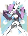 1girl alternate_color alternate_shiny_pokemon artist_name bangs blue_background blue_eyes bob_cut breasts clenched_hands colored_skin commentary constricted_pupils english_commentary gardevoir hair_over_one_eye hands_up kiro13 leaning_forward legs legs_apart medium_breasts multicolored_skin nipples one_eye_covered open_mouth pokemon pokemon_(creature) purple_hair purple_skin short_hair signature solo standing surprised two-tone_skin v-shaped_eyebrows wavy_mouth white_skin 