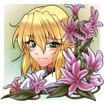  1girl bangs blonde_hair blush border closed_mouth commentary_request flower green_background green_eyes hair_between_eyes looking_at_viewer lowres mizuhashi_parsee ootsuki_wataru pink_flower pointy_ears portrait scarf short_hair smile solo touhou white_border white_scarf 