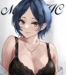  1girl bangs black_bra blue_hair blush bra breasts cleavage collarbone dark_blue_hair earrings hayami_kanade highres idolmaster idolmaster_cinderella_girls jewelry lace-trimmed_bra lace_trim lamp_p9 large_breasts light_smile looking_at_viewer necklace parted_bangs parted_lips short_hair simple_background solo stud_earrings underwear upper_body white_background 