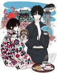  1boy 1girl aircraft animal animal_request architecture bangs black_eyes black_hair blue_sky bottle brown_headwear building castle cherry_blossoms cloud cookie crab cup dirigible east_asian_architecture floral_print flower folding_fan food ginkou_(atmzh) grey_hakama hair_over_eyes hakama hand_fan hand_on_own_chin highres holding holding_animal holding_fan japanese_clothes kimono looking_at_another medium_hair one_eye_covered original osaka_castle petals pink_kimono pink_scrunchie pink_socks polka_dot puffer_fish purple_flower scrunchie short_hair sky socks spoon steam tea teacup tower tray triangle_print two-tone_background white_background white_kimono 