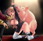  1boy 1girl absurdres ahegao arms_up bestiality black_background blonde_hair blue_eyes boots breasts breasts_out censored chain cigar cum cum_in_pussy feccso highres hiiragi_asuka holding holding_cigar kneeling long_hair mosaic_censoring nipples no_bra open_mouth pig restrained school_uniform sex simple_background tears textless_version thighhighs tokyo_xanadu vaginal very_long_hair watch white_thighhighs wristwatch 