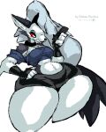  2022 anthro armwear bottom_heavy bottomwear breasts canid canid_demon canine canis clothing demon digital_media_(artwork) elbow_gloves female fur gloves grey_body grey_fur grey_hair hair hand_on_hip handwear hellhound helluva_boss huge_hips huge_thighs hybrid long_hair loona_(helluva_boss) mammal red_sclera rohan_furries shorts small_breasts solo thick_thighs white_eyes wide_hips wolf 
