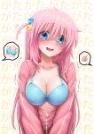  1girl background_text bangs blue_bra blue_eyes blush bocchi_the_rock! bra breasts cleavage collarbone embarrassed gotou_hitori highres jacket long_hair long_sleeves looking_at_viewer motion_lines nervous_smile one_side_up open_clothes open_jacket open_mouth partially_unzipped pink_hair pink_jacket royboy shaded_face smile solo speech_bubble trembling underwear very_long_hair zipper_pull_tab 