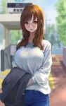  1girl :d absurdres blue_pants breasts brown_eyes brown_hair commentary_request denim eyelashes glasses happy highres holding holding_clothes jeans large_breasts long_hair looking_at_viewer open_mouth original pants smile solo standing sweater white_sweater yukimaru_ai 