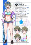  1girl absurdres brown_hair commentary earrings english_text eyewear_on_head highres jewelry necklace original reference_sheet sandals short_hair smile solo sunglasses swimsuit tattoo thick_thighs thighs tomboy translated uehara_nagisa 