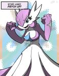  1girl alternate_color alternate_shiny_pokemon artist_name bangs blue_background blue_eyes bob_cut breasts character_name clenched_hands colored_skin commentary_request english_commentary english_text gardevoir hair_over_one_eye hands_up happy kiro13 leaning_forward legs_apart medium_breasts mixed-language_commentary multicolored_skin one_eye_covered open_mouth partial_commentary pokemon pokemon_(creature) purple_hair purple_skin short_hair signature smile solo standing two-tone_skin v-shaped_eyebrows white_skin 
