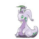  blacknirrow closed_mouth english_commentary evolutionary_line goodra goomy green_eyes leaf_umbrella no_humans on_head pokemon pokemon_(creature) pokemon_on_head rain simple_background sitting slime_(substance) smile white_background 