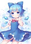  1girl blue_bow blue_dress blue_eyes blue_hair blush bow cirno closed_mouth collared_shirt detached_wings dress fairy hair_between_eyes hair_bow highres ice ice_wings pjrmhm_coa puffy_short_sleeves puffy_sleeves shirt short_hair short_sleeves smile solo touhou white_shirt wings 