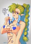  1girl blue_eyes blue_hair blue_nails body_writing bodypaint braid braided_ponytail breasts elf english_commentary fingernails green_hair large_breasts long_hair maeve_(urumi) multicolored_hair nude original paintbrush pasties pointy_ears promotional_art sidelocks solo standing two-tone_hair urumi_(urumi00) 