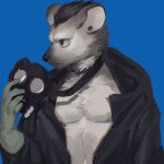  2021 anthro arknights black_clothing black_hair black_nose blue_background clothed clothing collar ear_piercing fur gas_mask gloves grey_body grey_fur hair handwear hi_res holding_object hyaenid hypergryph looking_away mammal mask open_clothing piercing simple_background spot_(arknights) spotted_hyena studio_montagne video_games xianyud 