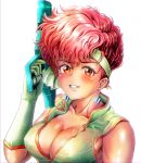  1girl absurdres bangs bare_shoulders blush breasts cleavage collarbone commander_kei commentary_request dirty_pair earrings elbow_gloves energy_gun gloves headband highres holding holding_weapon jewelry kei_(dirty_pair) large_breasts lips looking_at_viewer medium_hair parted_lips red_eyes red_hair shiny shiny_hair shiny_skin simple_background sleeveless smile solo tan tank_top upper_body weapon 