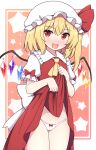  1girl ascot back_bow bangs blonde_hair blush border bow bow_panties clothes_lift collared_shirt cowboy_shot crystal fang flandre_scarlet frilled_shirt_collar frilled_sleeves frills hair_between_eyes hat hat_ribbon highres lifted_by_self looking_to_the_side medium_hair mob_cap one_side_up open_mouth orange_background outside_border paid_reward_available panties puffy_short_sleeves puffy_sleeves red_eyes red_ribbon red_skirt red_vest ribbon rizento shirt short_sleeves skirt skirt_lift skirt_set smile solo sparkle starry_background touhou underwear vest white_border white_bow white_headwear white_panties white_shirt wings yellow_ascot 
