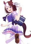  1girl :d animal_ears bag blush bow bowtie brown_footwear brown_hair dated frilled_skirt frills hair_ribbon highres horse_ears horse_girl horse_tail leg_up loafers looking_at_viewer multicolored_hair pleated_skirt puffy_short_sleeves puffy_sleeves purple_bow purple_bowtie purple_eyes purple_ribbon purple_serafuku purple_shirt ribbon sailor_collar sailor_shirt school_bag school_uniform serafuku shirt shoes short_hair short_sleeves sidelocks signature simple_background skirt smile solo special_week_(umamusume) tail takaokasho thighhighs tracen_school_uniform two-tone_hair umamusume v white_background white_hair white_skirt white_thighhighs 