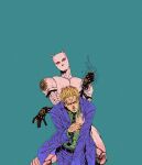  1boy black_gloves blonde_hair blue_background collared_shirt colored_sclera formal gloves green_shirt highres holding_another&#039;s_wrist jacket jojo_no_kimyou_na_bouken killer_queen kira_yoshikage leaning_forward looking_at_viewer pants purple_jacket purple_pants red_sclera severed_hand shirt short_hair simple_background spiked_hair suit tamagosan1001 