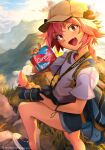  1boy :d astolfo_(fate) backpack bag braid camera commentary english_commentary fang fate/apocrypha fate_(series) hat highres hiking holding holding_camera khyle. long_braid long_hair looking_at_viewer male_focus menstrual_pad monster_energy open_mouth otoko_no_ko outdoors pink_hair purple_eyes shoes short_shorts shorts single_braid skin_fang smile sneakers solo 