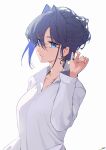  1girl absurdres blue_eyes blue_hair breasts collared_shirt earrings english_commentary hair_intakes hand_up highres hololive hololive_english jewelry jon_eve large_breasts long_sleeves looking_at_viewer ouro_kronii shirt short_hair simple_background solo upper_body virtual_youtuber white_background white_shirt 